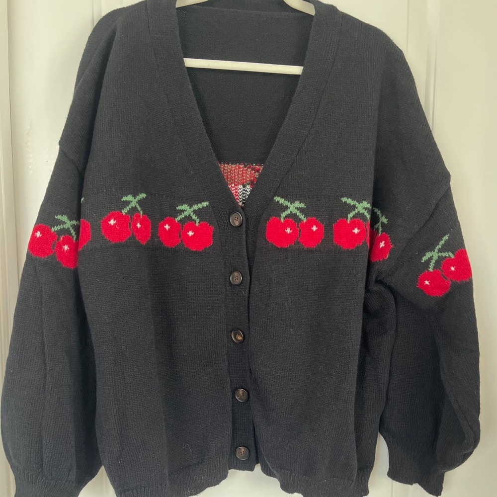 SHEIN Black Cardigan with Red Cherry Design